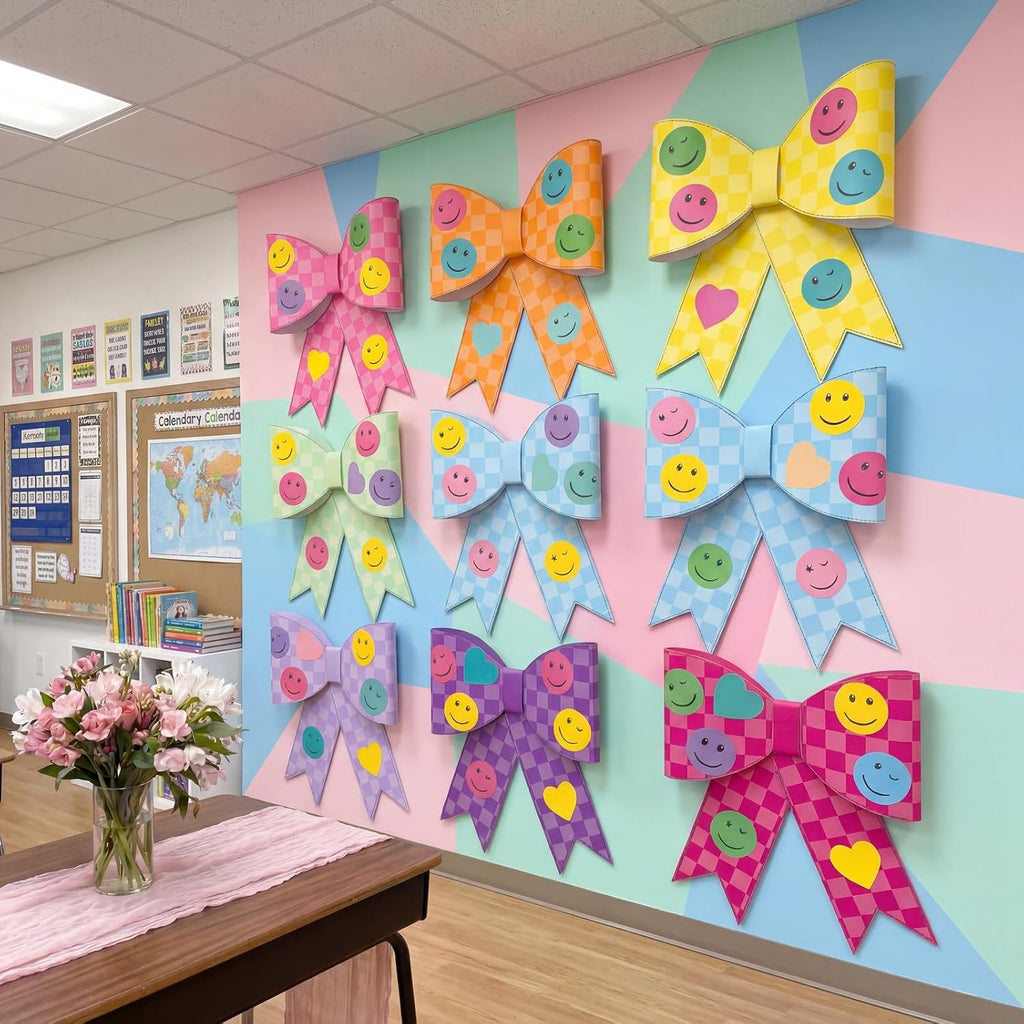 Knitgrip 9 Pcs Large Bow Classroom Decor Pastel Checkerboard Back to School Decoration 9.3"x11.1" 3D Smile Face Bow Firs