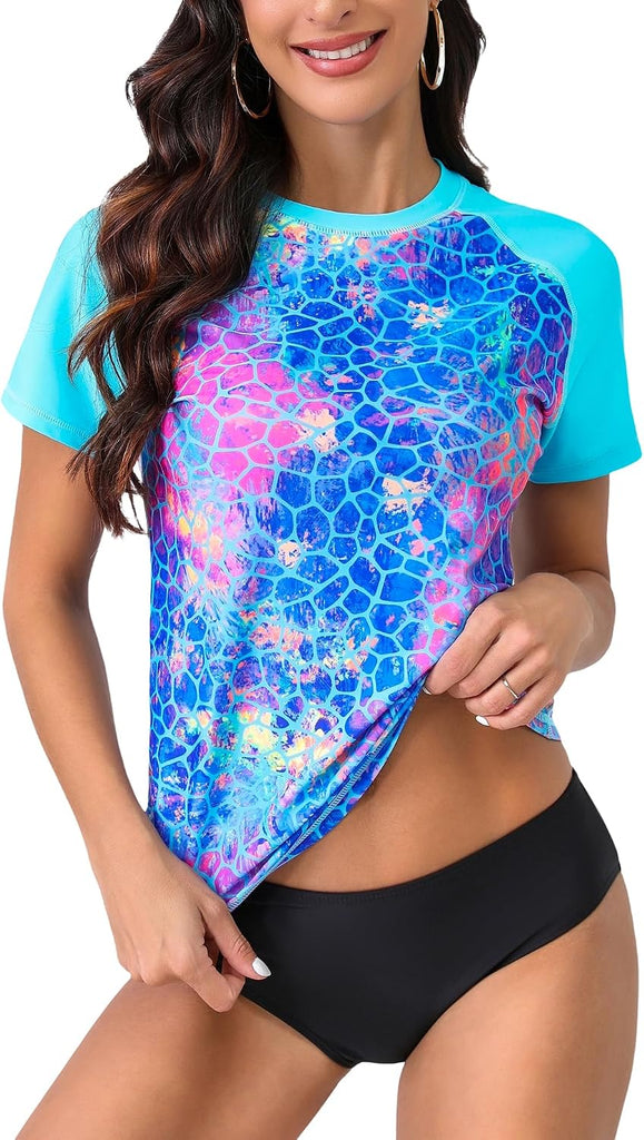 Bonneuitbebe Women's Swim Shirt Short Sleeve Rash Guard Printed Swim Tops