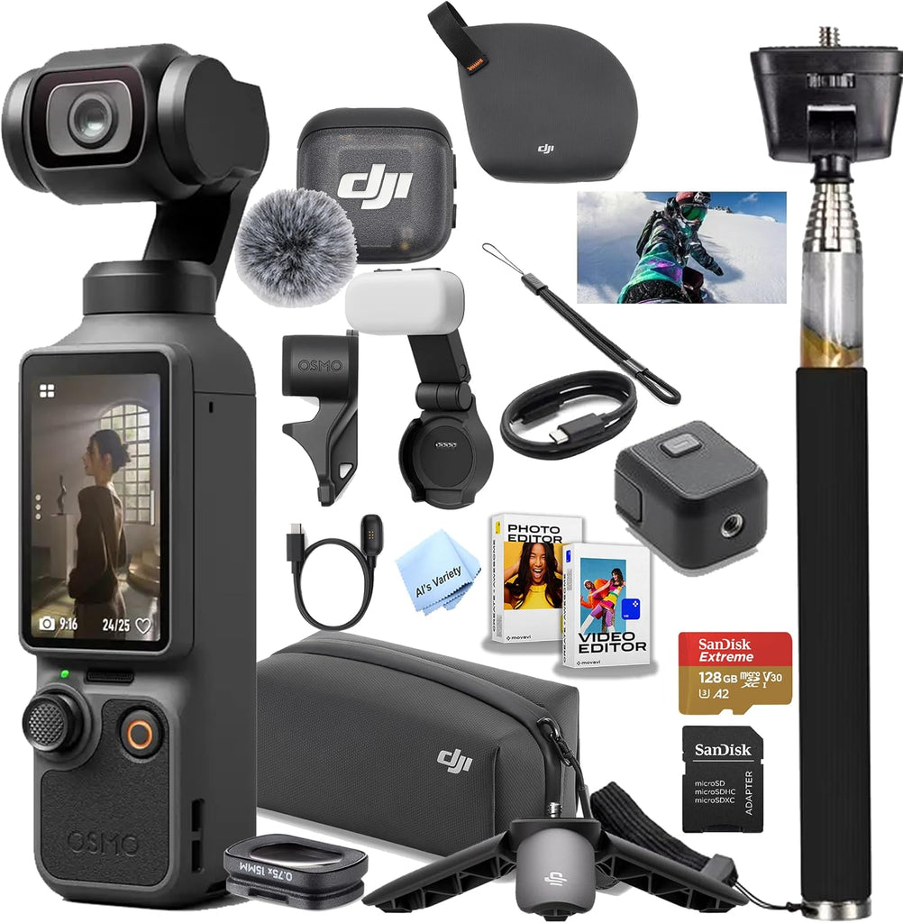 DJI Osmo Pocket 4 Creator Combo, Vlogging Cameras, 4K/240fps Vlog Camera, 3-Axis Stabilization, Active Track 7.0, Mic + Fill Light Included + 128GB Memory, + Selfie Stick + More