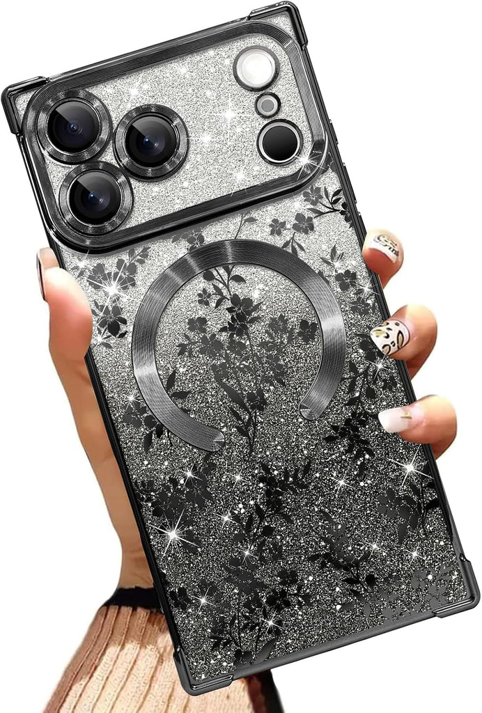 Illians Glitter Phone Case Made for iPhone 17 Pro Max, Black Floral Leaf