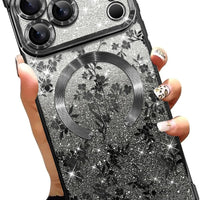 Illians Glitter Phone Case Made for iPhone 17 Pro Max, Black Floral Leaf