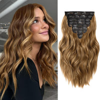 Hair Extensions for Women, 8PCS 16 Inch Chestnut Brown Clip in Hair Extensions Mix Blonde, Synthetic Wavy Clip Ins, Full