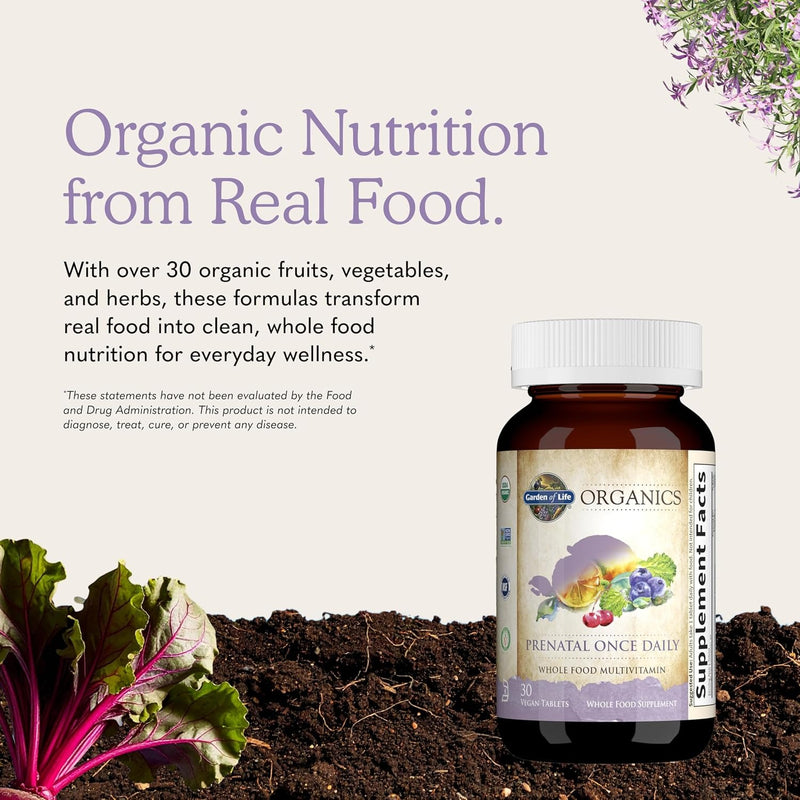 Garden of Life Organics Vitamina prenatal: Ácido fólico para energía y desarrollo fetal saludable, hierro sin estreñimiento, vitamina C, B6, B12, D3 – Orgánico, sin transgénicos, sin gluten, vegano