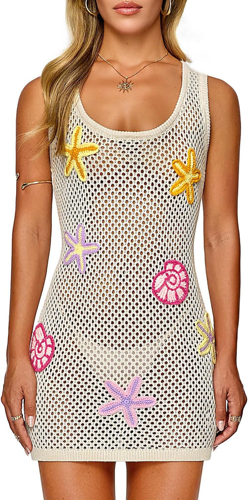 FAIRY SEASON Women's Crochet Beach Cover Up with 3D Starfish & Seashells