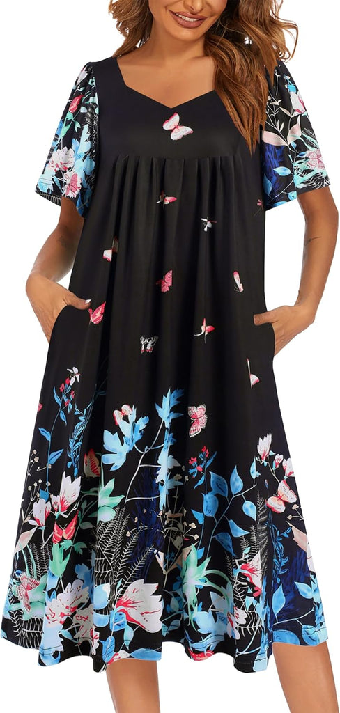 Ekouaer Womens Nightgown House Dress with Pockets Short Sleeve Moo Moos