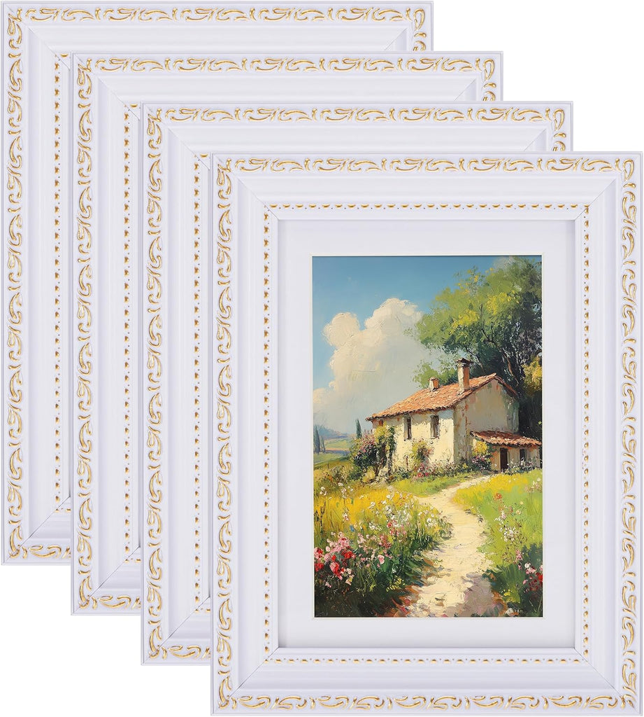 eletecpro 5x7 Vintage Picture Frame, Glass Cover, White, 4-Pack