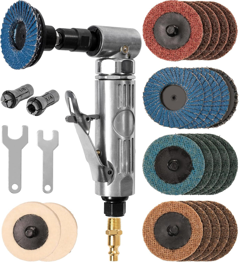 Right Angle Air Die Grinder With 22 pcs 2-inch Roll Lock Sanding Discs,1/4 inch Pneumatic Die Grinder Tool,Mini Angle Gr