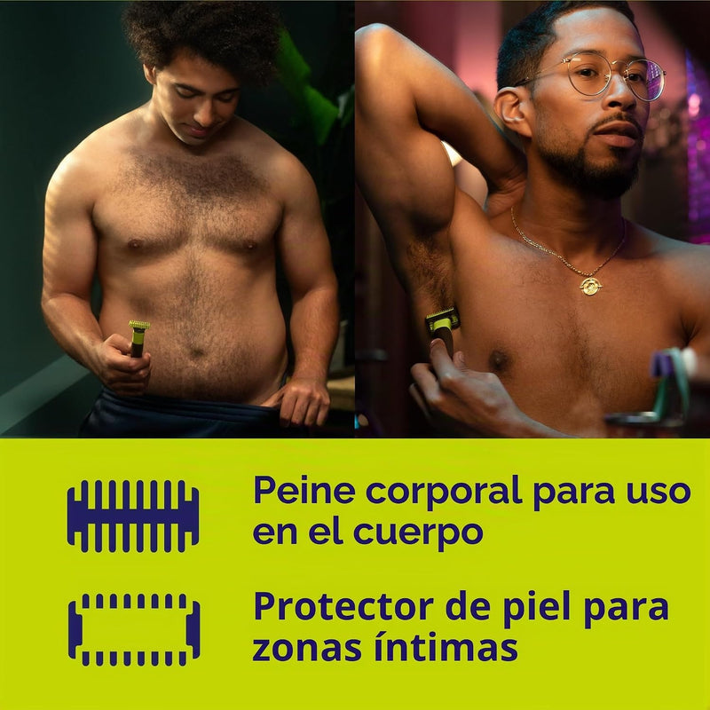 Philips Norelco OneBlade 360 con conectividad híbrida cara + cuerpo, recortadora eléctrica de barba, afeitadora y peluquería corporal con tecnología de cuchillas 360, hoja 1 x 360, peine 5 en 1, estuc