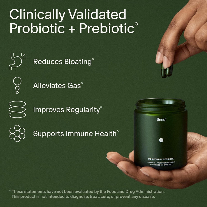 Seed DS-01 Daily Synbiotic – Prebiótico y probiótico para mujeres y hombres – Salud digestiva, salud intestinal, apoyo inmunológico, alivio de la hinchazón y el estreñimiento – Vegano y estable en el