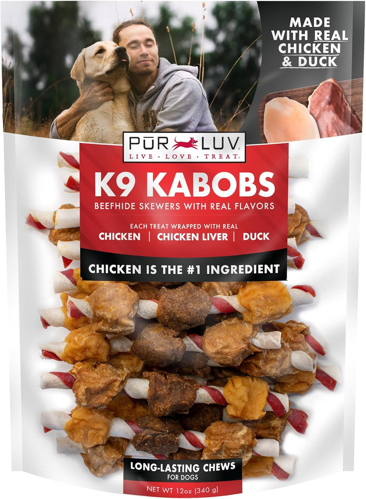 Pur Luv Dog Treats, K9 Kabobs Made with Real Chicken and Duck, 12 Ounces, Dog Snacks, Healthy, Easily Digestible, Long-L