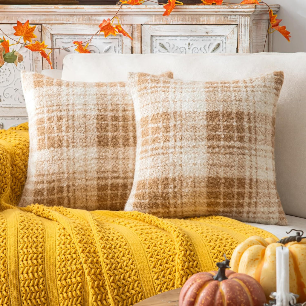AQOTHES Plaid Fall Throw Pillow Covers Orange Brown 18x18 Inch Set of 2