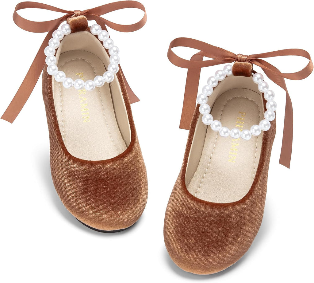 PHIRAMIN Toddler Flower Girl Velvet Brown Dress Shoes - Little Girl Ballet Flats Size 11 Pearl Wedding Party