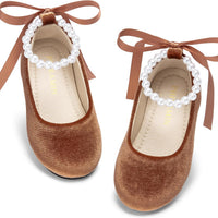 PHIRAMIN Toddler Flower Girl Velvet Brown Dress Shoes - Little Girl Ballet Flats Size 11 Pearl Wedding Party