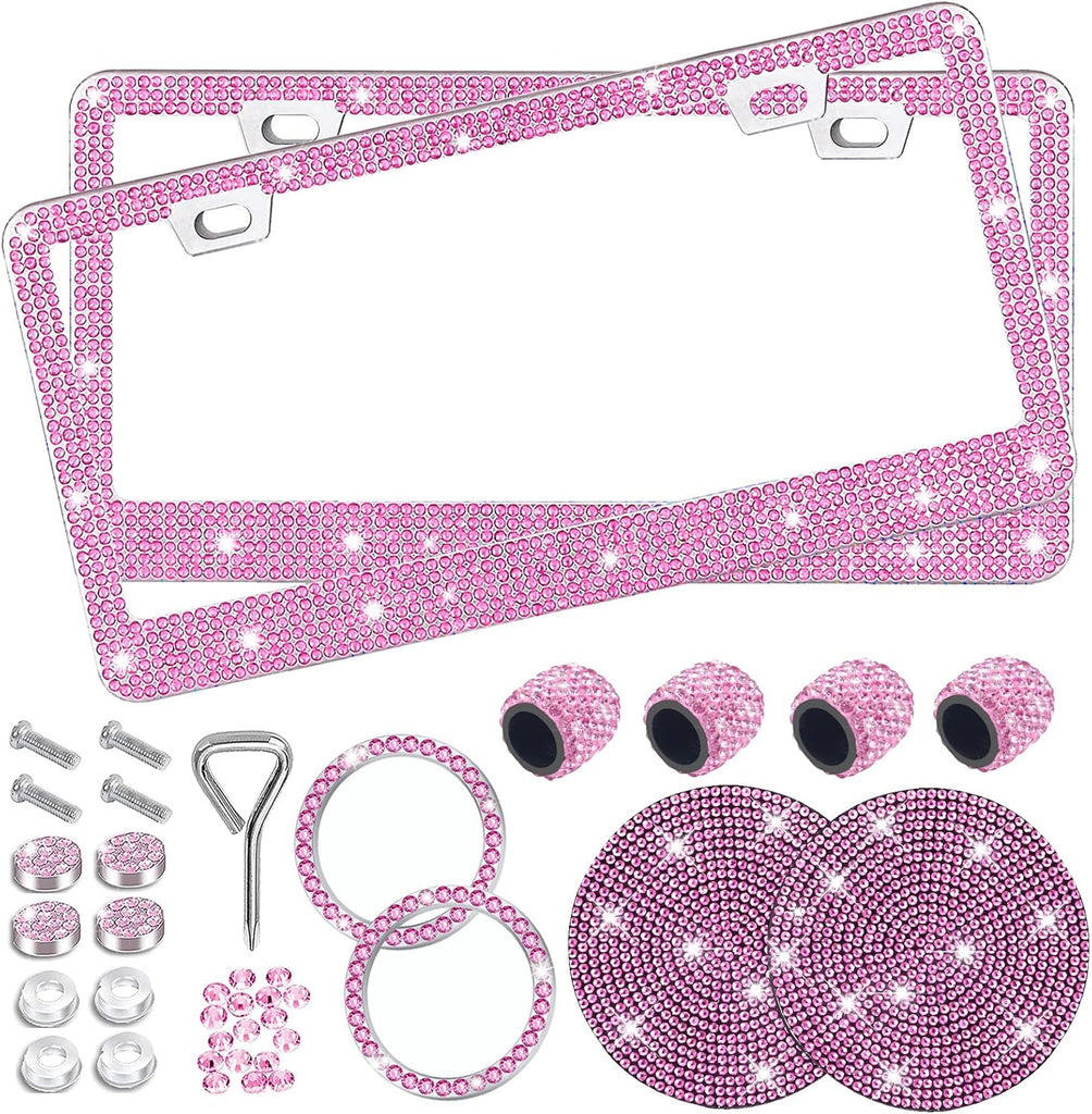 Pink Bling Rhinestone License Plate Frame 2 Packs Sparkly License Plate Holder Glitter Bedazzled Crystal Car License Pla