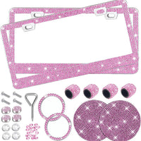 Pink Bling Rhinestone License Plate Frame 2 Packs Sparkly License Plate Holder Glitter Bedazzled Crystal Car License Pla