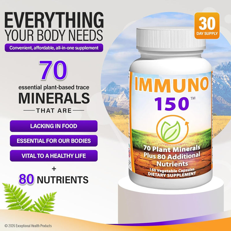 Immuno 150, suplemento para el sistema inmune, repleto de 70 minerales vegetales, 13 vitaminas esenciales y 68 nutrientes adicionales - 150 cápsulas vegetales - Refuerzo inmune para todos los grupos