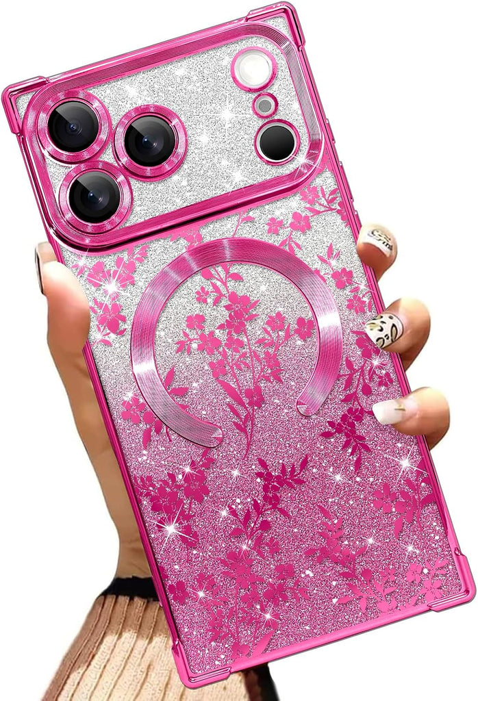 Illians Glitter Phone Case Made for iPhone 17 Pro Max, Hot Pink Floral Leaf