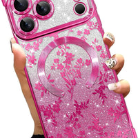 Illians Glitter Phone Case Made for iPhone 17 Pro Max, Hot Pink Floral Leaf
