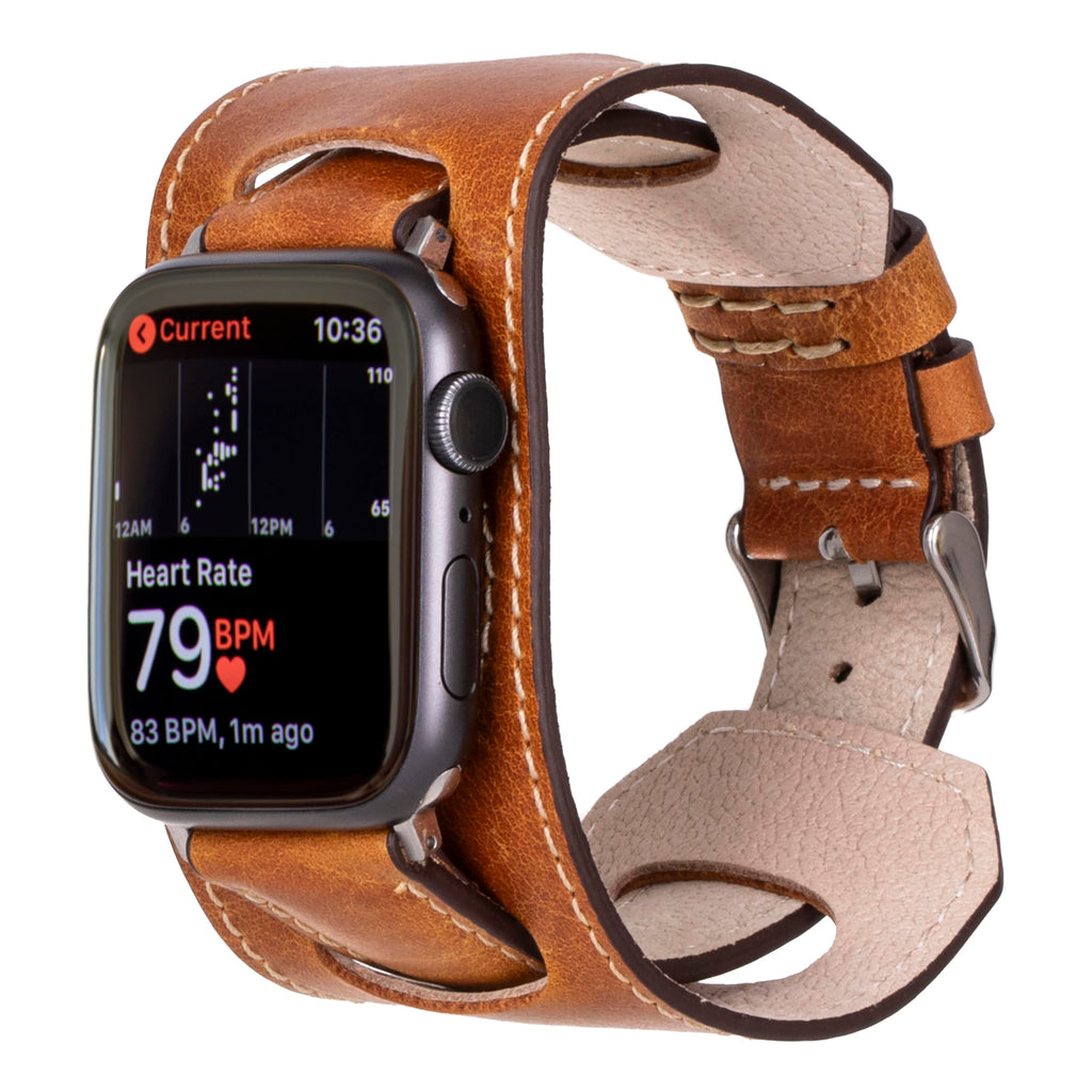 HARDISTON Cuff Watch Band Compatible with Apple 45mm for men & women, Handmade Genuine Leather, Compatible with iWatch Series 11 10 9 8 7 6 5 4 3 2 1 SE Ultra, Wrist Bracelet Band, Medium/Band-Amber