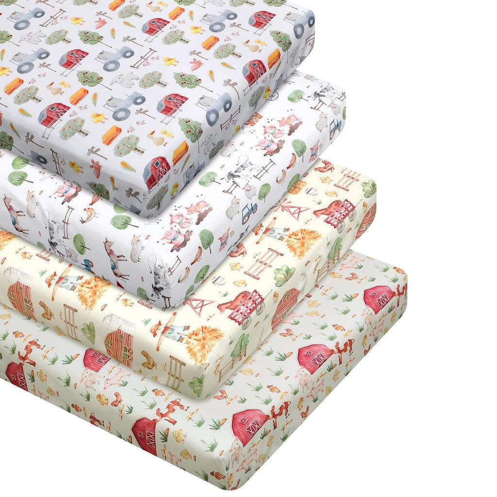 VitalCozy 4 Pcs Farm Animals Crib Sheets, 52 x 28 x 8 Inches