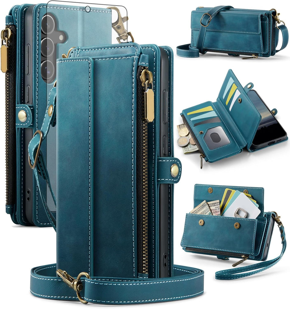 Asuwish Phone Case for Samsung Galaxy S24 FE 5G Zipper Wallet Cover with Screen Protector and Crossbody Lanyard Strap Fl