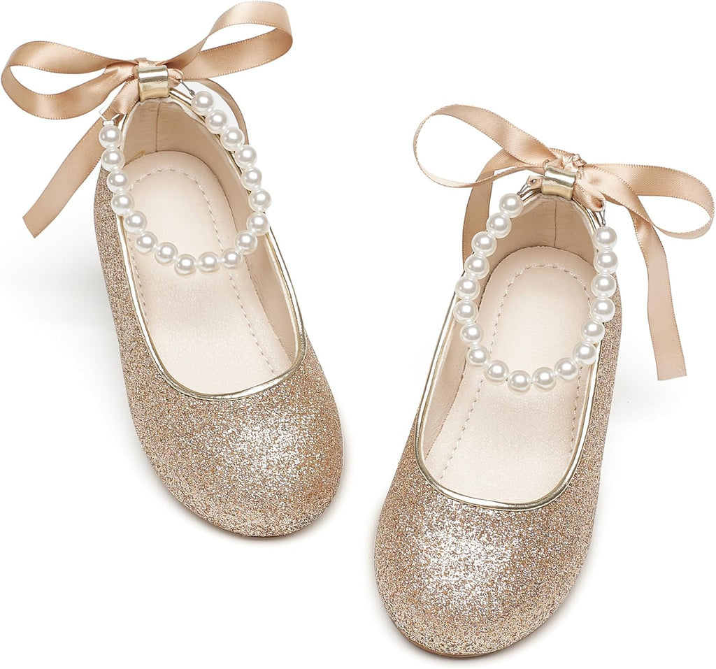 PHIRAMIN Toddler Flower Girl Glitter Gold Dress Shoes - Little Girl Ballet Flats Size 7 Pearl Wedding Party