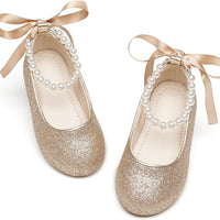 PHIRAMIN Toddler Flower Girl Glitter Gold Dress Shoes - Little Girl Ballet Flats Size 7 Pearl Wedding Party