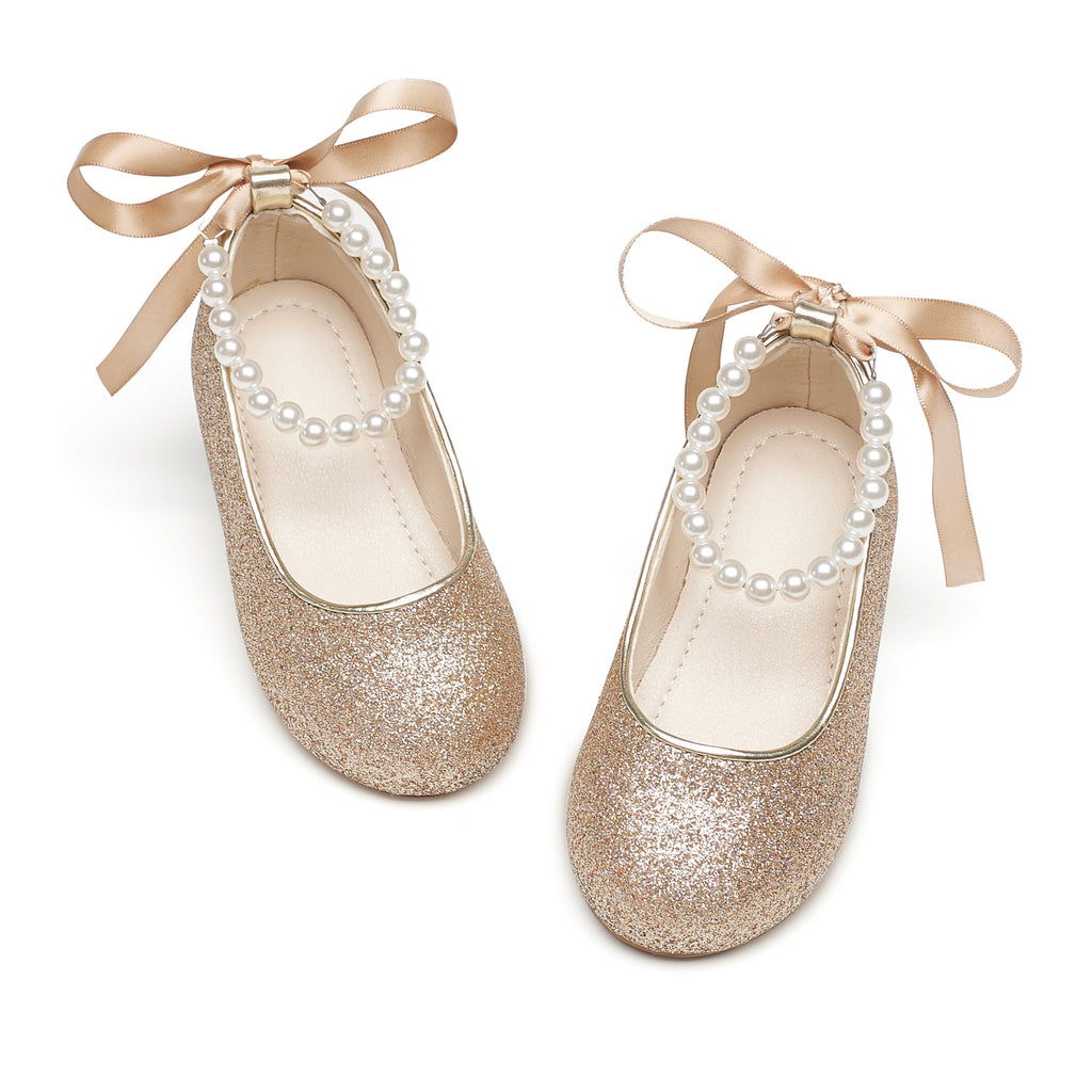 PHIRAMIN Toddler Flower Girl Glitter Gold Dress Shoes - Little Girl Ballet Flats Size 12 Pearl Wedding Party