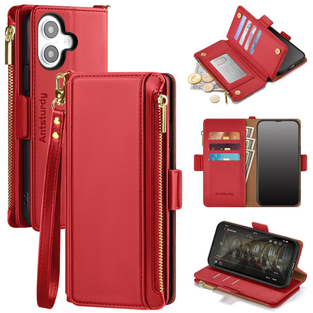 Antsturdy for iPhone 16 Phone Wallet Case Women,Red
