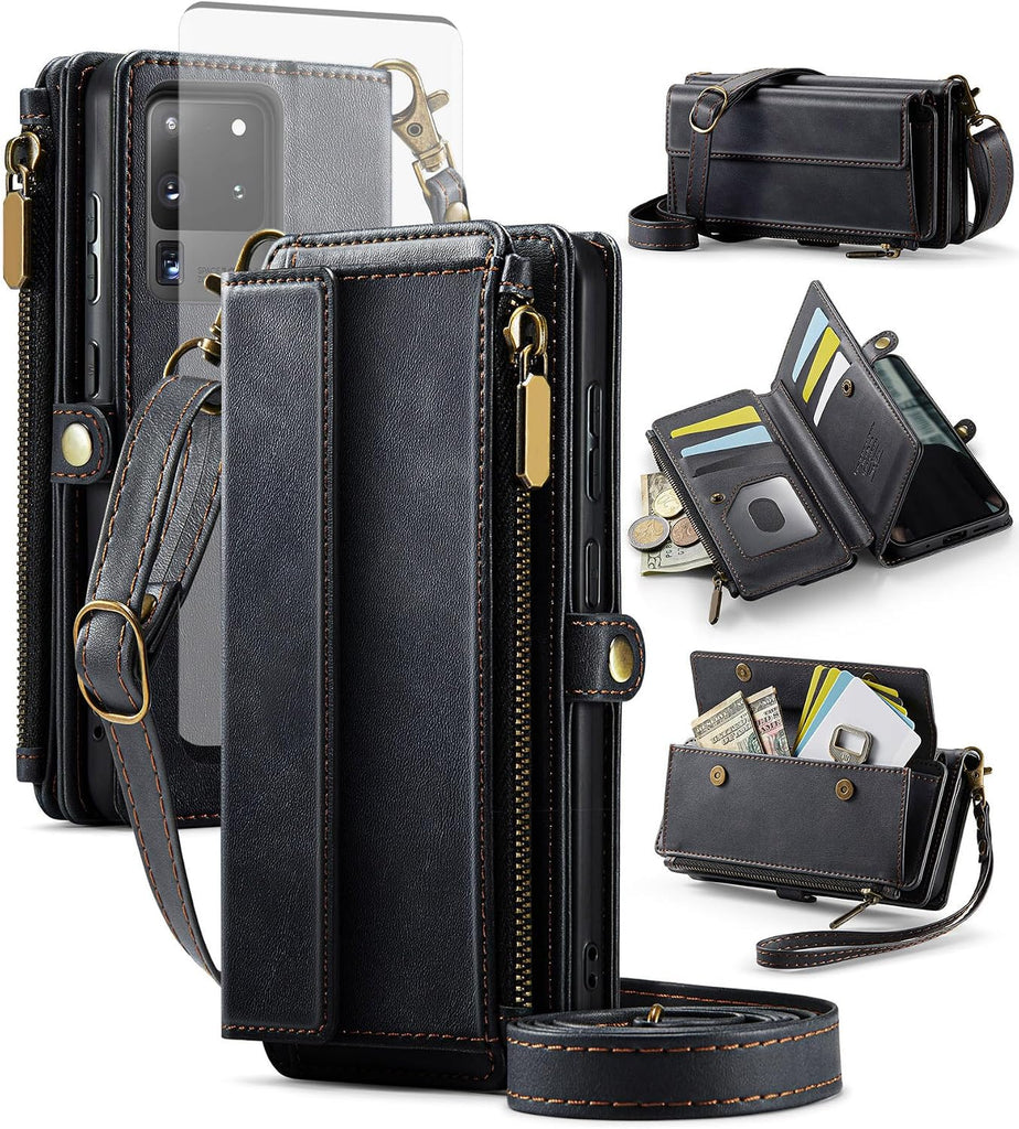 Phone Case for Samsung Galaxy S20 Ultra 5G Zipper Wallet Cover and Screen Protector Crossbody Lanyard Strap Flip RFID Bl