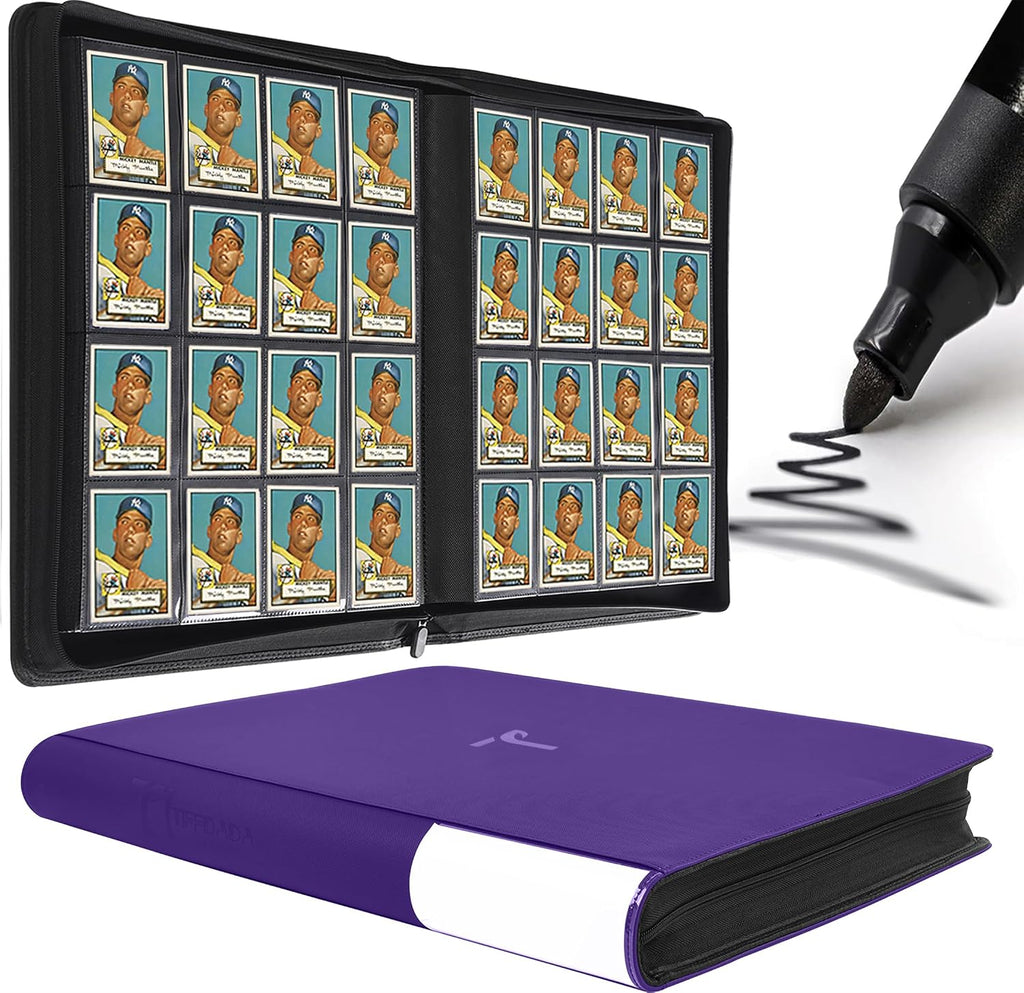TIFFDADA Trading Card Binder 16 Pocket, Holds 1600+ Cards, Ringless 50 Double-Sided Sleeves, Spine Label with Maker Pen,