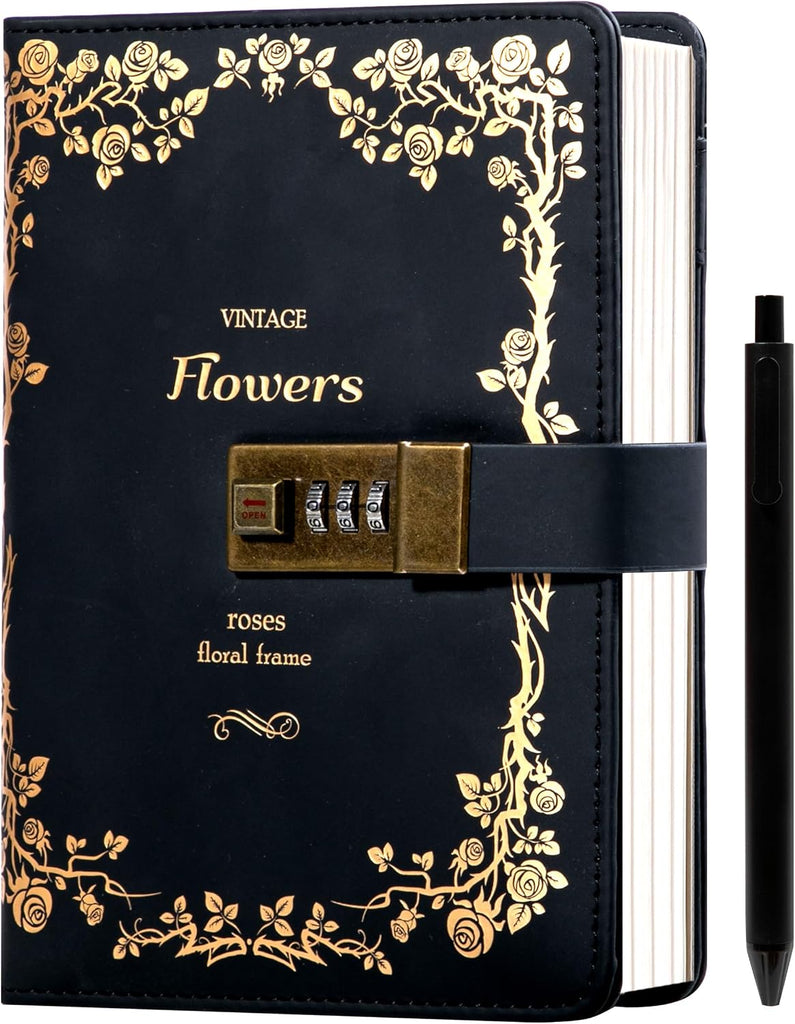 CAGIE Journal with Lock for Women Girls, Black, 5.5 x 8 in