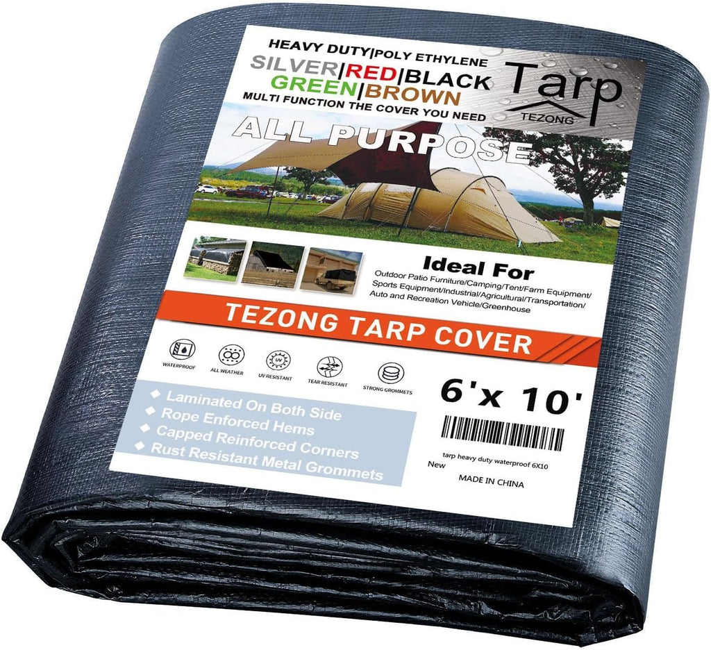 Tarps Heavy Duty Waterproof 6x10ft,TEZONG Black Tarp 16Mil Plastic Tarpaulin Outdoor Tarp Cover for Emergency Rain,Patio