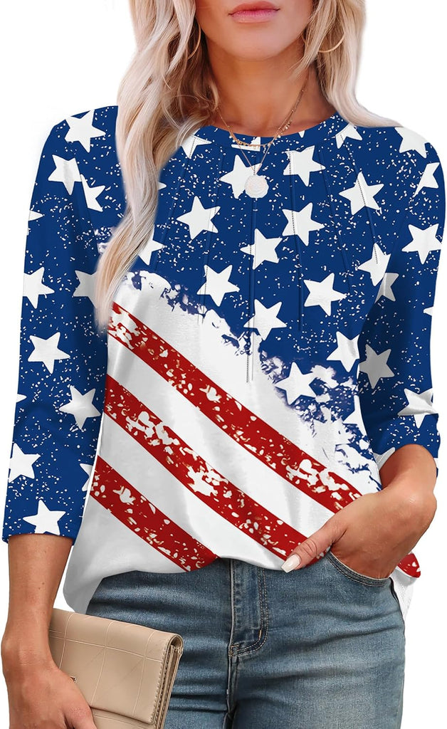 XIEERDUO Fourth of July Outfit Women Crewneck 3/4 Length Sleeve Womens Summer Tops American Flag White Blouse XL