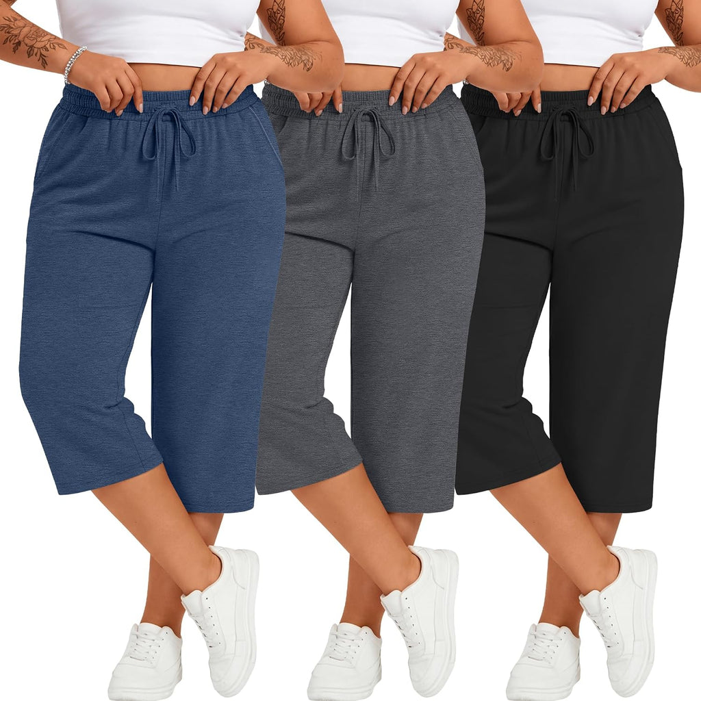 Neer 3 Pack Women's Plus Size Cotton Capris, 3-Color, X-Large