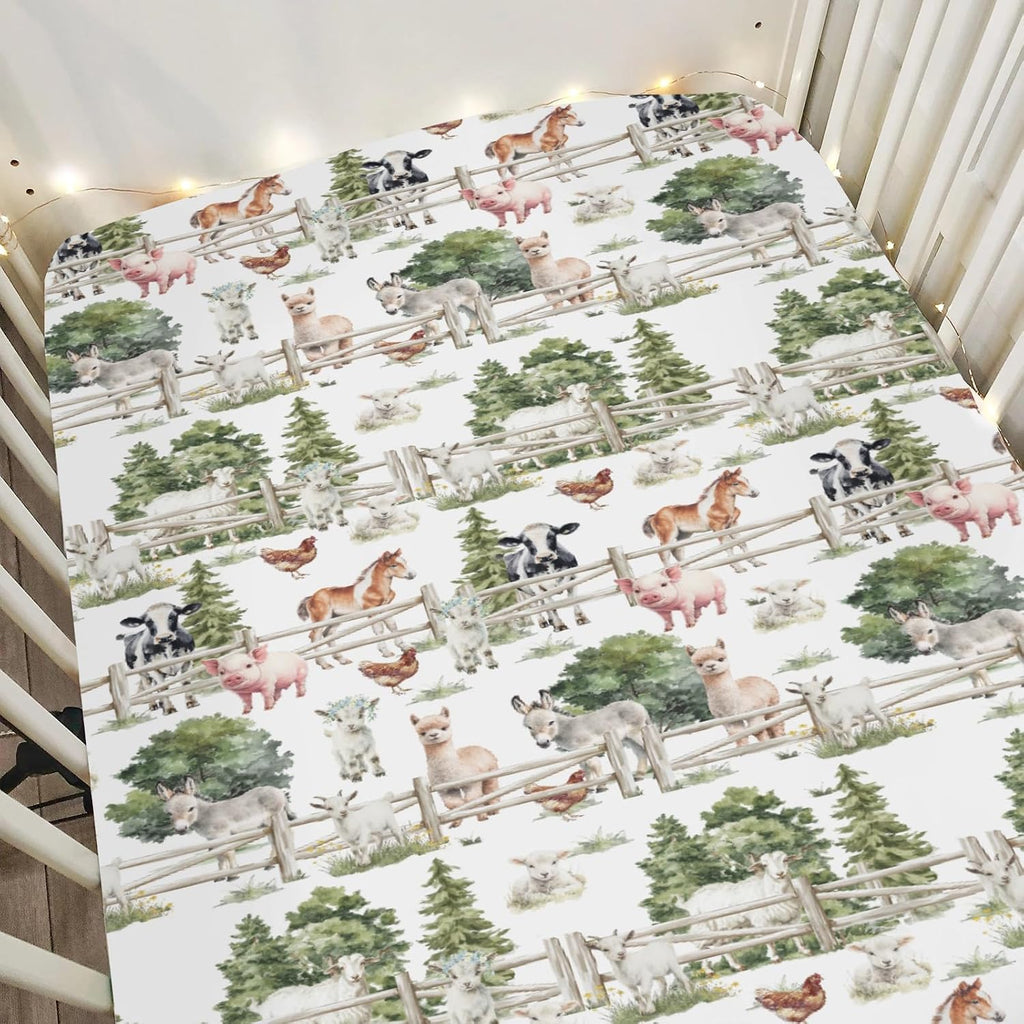 Farm Life Watercolor Baby Crib Sheets for Boy Girl 52"x28" Cow Horse Lamb Chick Pig Trees Soft Snug Fitted Crib Mattress