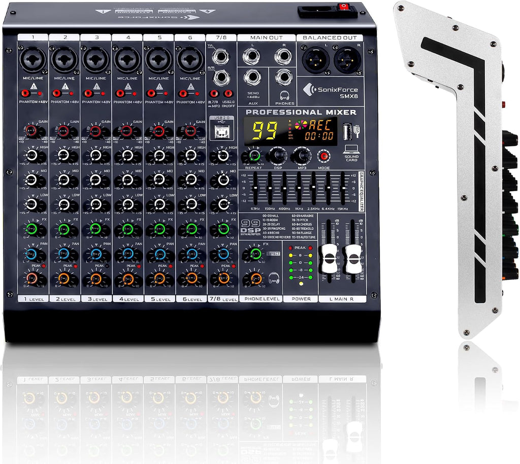 SonixForce 8 Channel Audio Mixer, 99 DSP Effects Sound Board Console