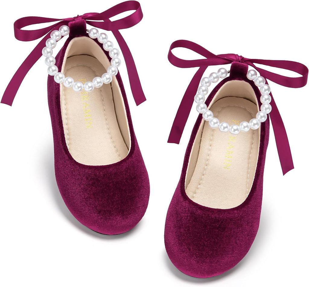 PHIRAMIN Toddler Flower Girl Velvet Burgundy Dress Shoes - Little Girl Ballet Flats Size 12 Pearl Wedding Party