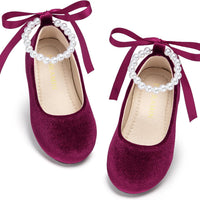 PHIRAMIN Toddler Flower Girl Velvet Burgundy Dress Shoes - Little Girl Ballet Flats Size 12 Pearl Wedding Party