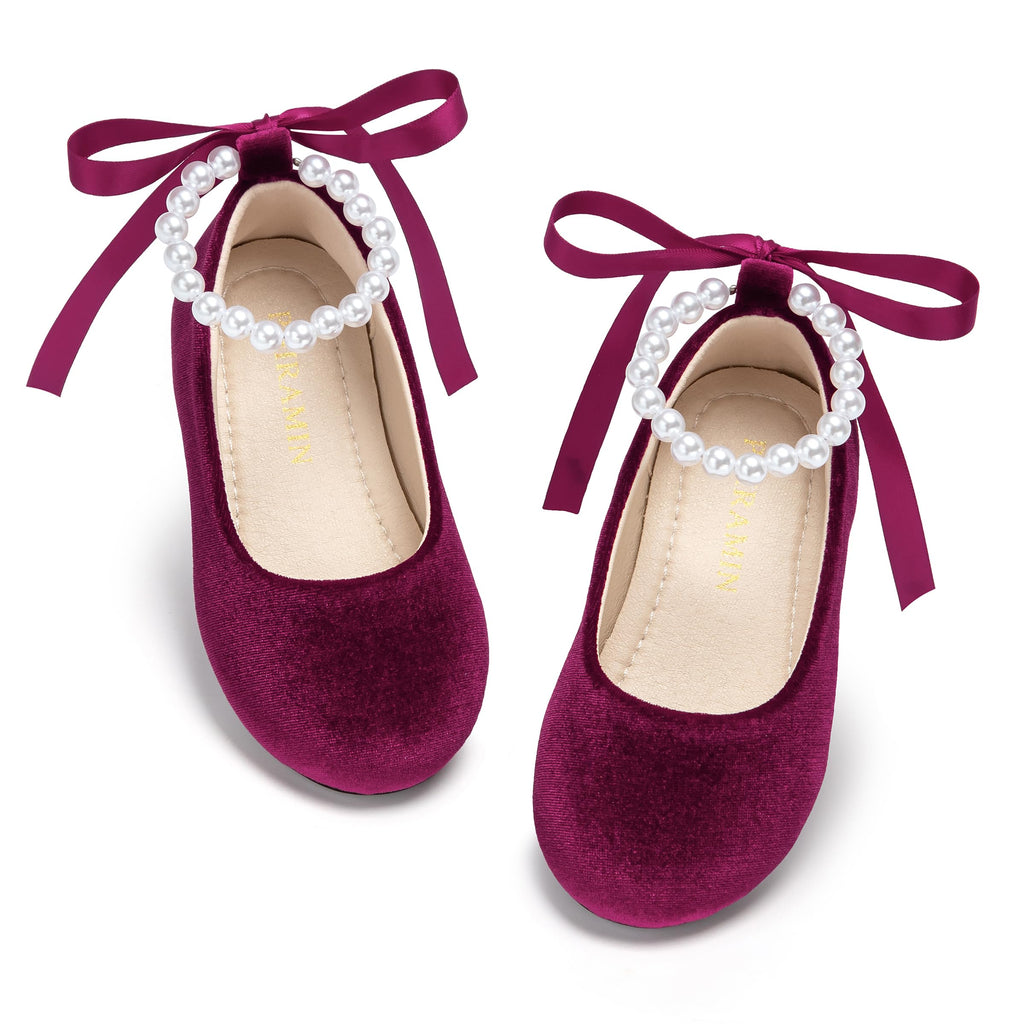 PHIRAMIN Toddler Flower Girl Velvet Burgundy Dress Shoes - Little Girl Ballet Flats Size 8 Pearl Wedding Party