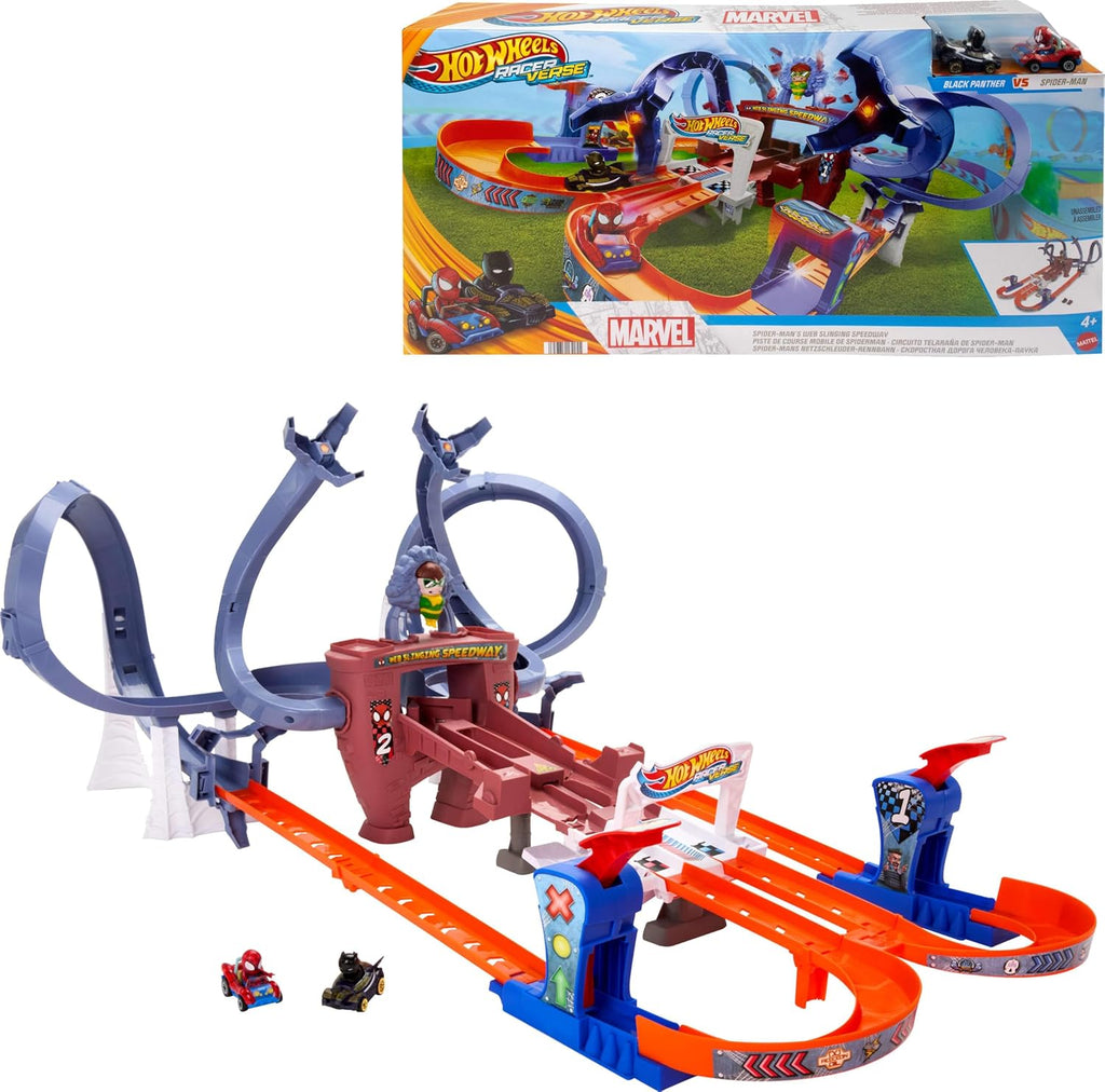 Hot Wheels RacerVerse Spider-Man’s Web-Slinging Speedway Track Set with Hot Wheels Racers Spider-Man & Black Panther, Multi-Lap Race to Escape Doc Ock
