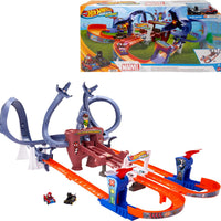 Hot Wheels RacerVerse Spider-Man’s Web-Slinging Speedway Track Set with Hot Wheels Racers Spider-Man & Black Panther, Multi-Lap Race to Escape Doc Ock