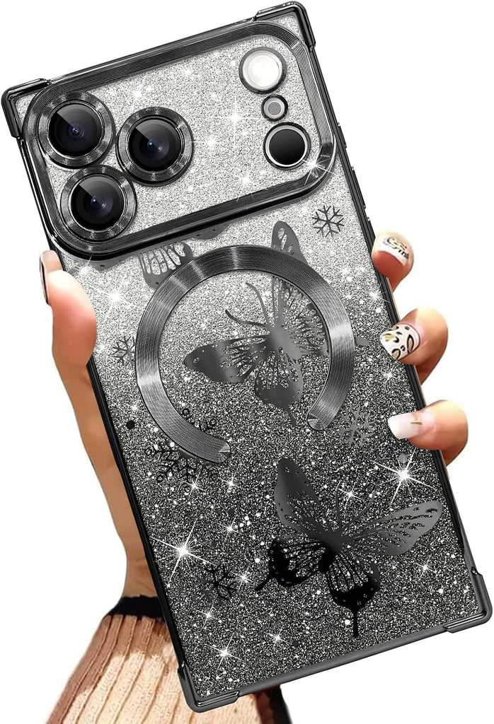 Illians Glitter Phone Case Made for iPhone 17 Pro Max, Black Butterfly