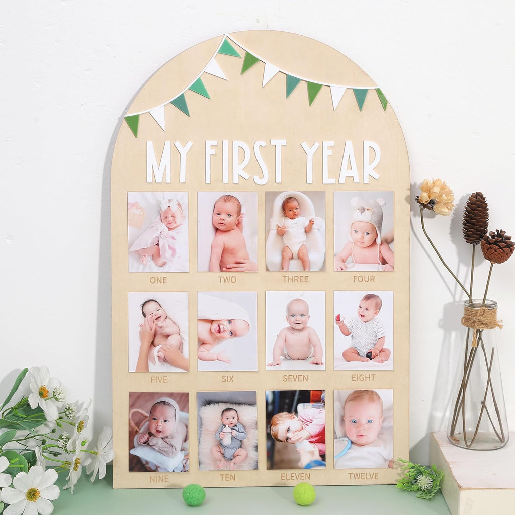PATRDIO Sage Green 12-Month Photo Frame Set—Wild One Wooden Decoration, 1st Birthday Bunting, Wooden Monthly Milestone P
