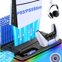 PS5/PS5 Slim Stand and Cooling Station with Controller Charging Station for Playsation 5, PS5 Accessories Kit Incl. 3 Levels Cooling Fan, LED, 15 Game Slot, Headset Holder for PS5 Digital/Disc Console