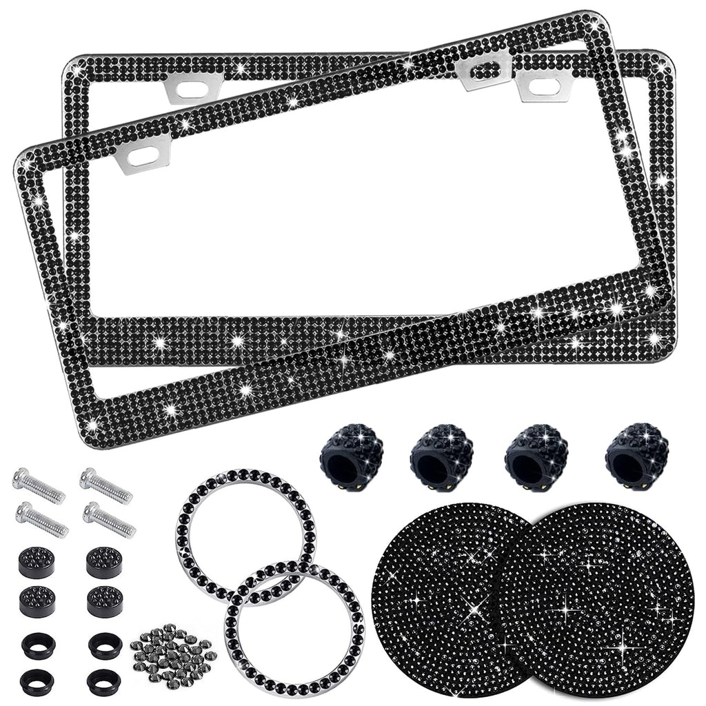 Black Bling License Plate Frame 2 Packs Rhinestone Sparkle License Plate Holder Glitter Bedazzled Crystal Car License Pl