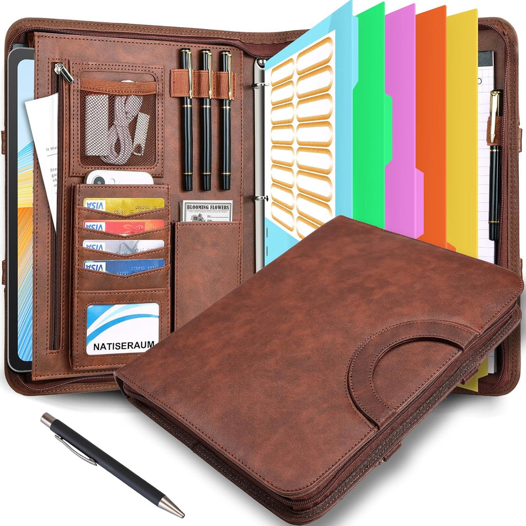 NATISERAUM Padfolio Portfolio Binder with Handle, 3-Ring Folder Organizer, Vegan Leather Portfolio with Notepad Includes