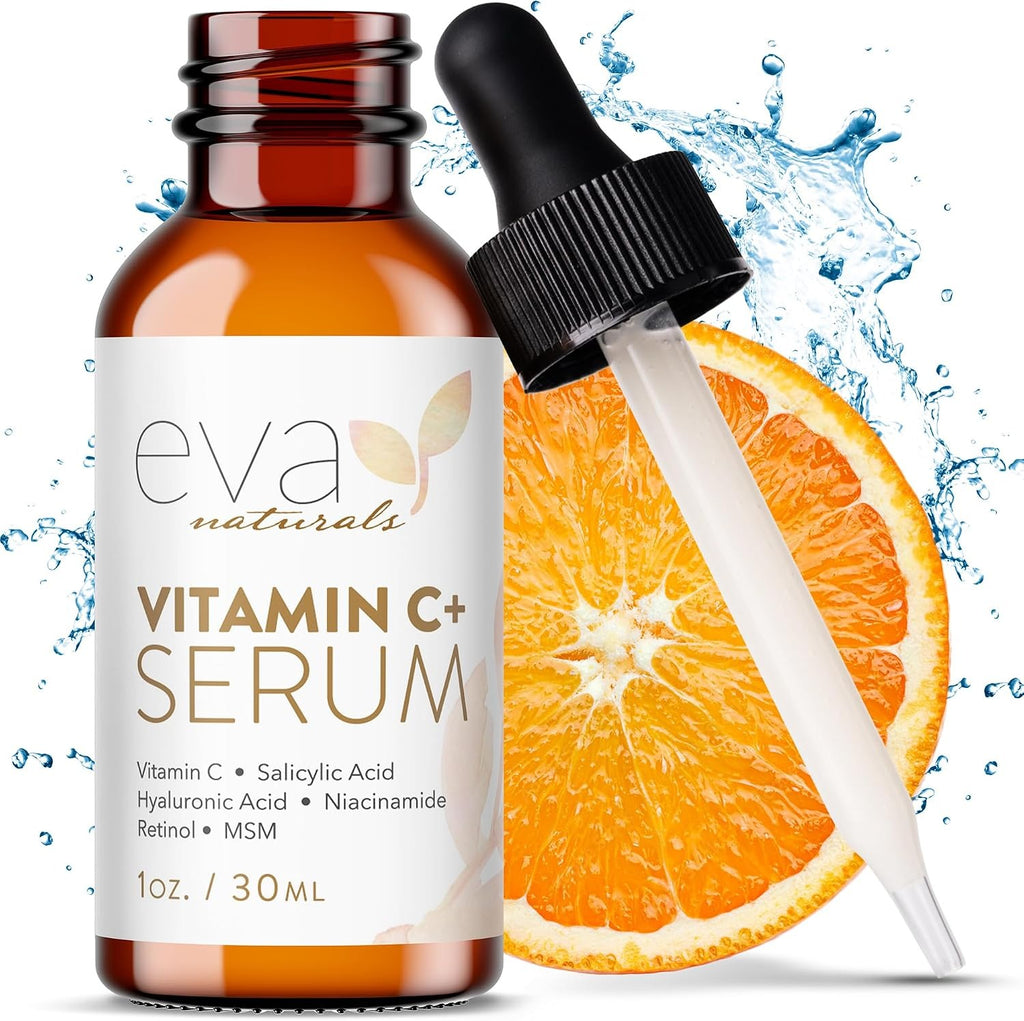 Eva Naturals Suero de vitamina C Plus, 2 % retinol, 3,5 % niacinamida, 5 % ácido hialurónico, 2 % ácido salicílico, 10 % MSM, 20 % vitamina C, suero para limpieza de piel, reparador de piel antienveje