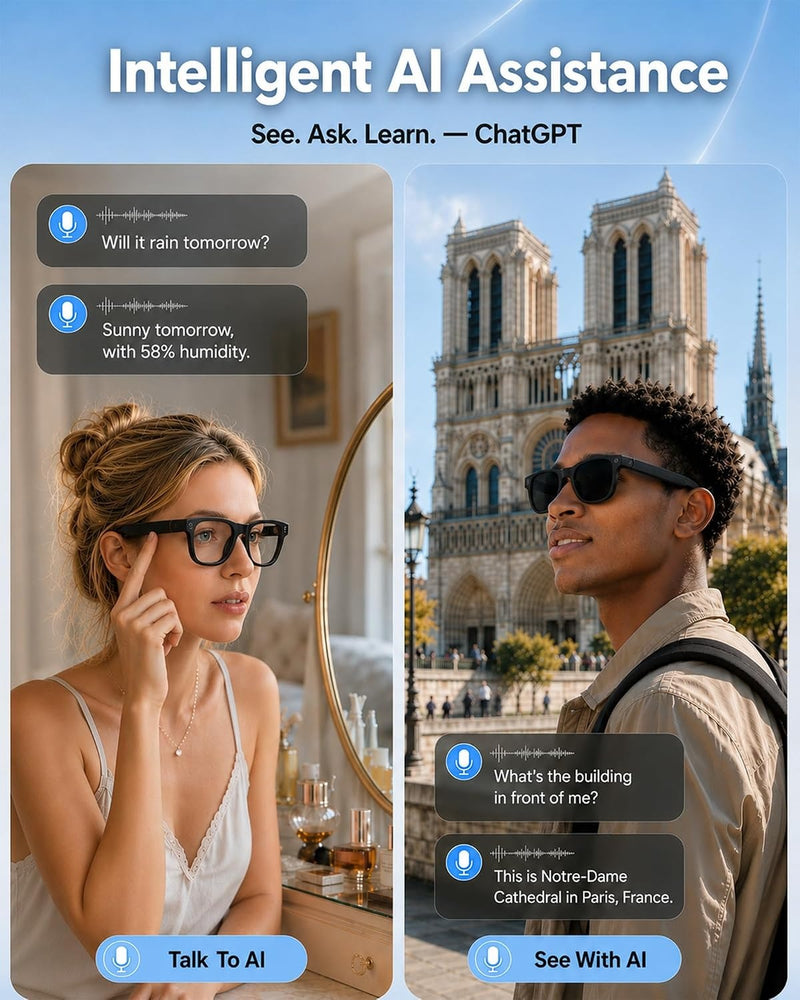 Coucur AI Smart Glasses with Camera,Bluetooth Camera Glasses for Men Women