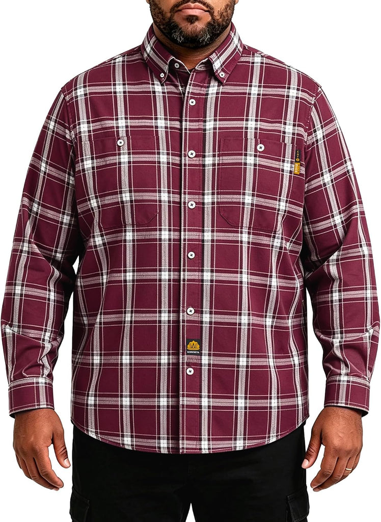 WORKWEYA Men's Flame Resistant Shirts 6.5oz Lightweight Plaid FR Button-Down Welding Shirts CAT2/NFPA2112 Wine Red